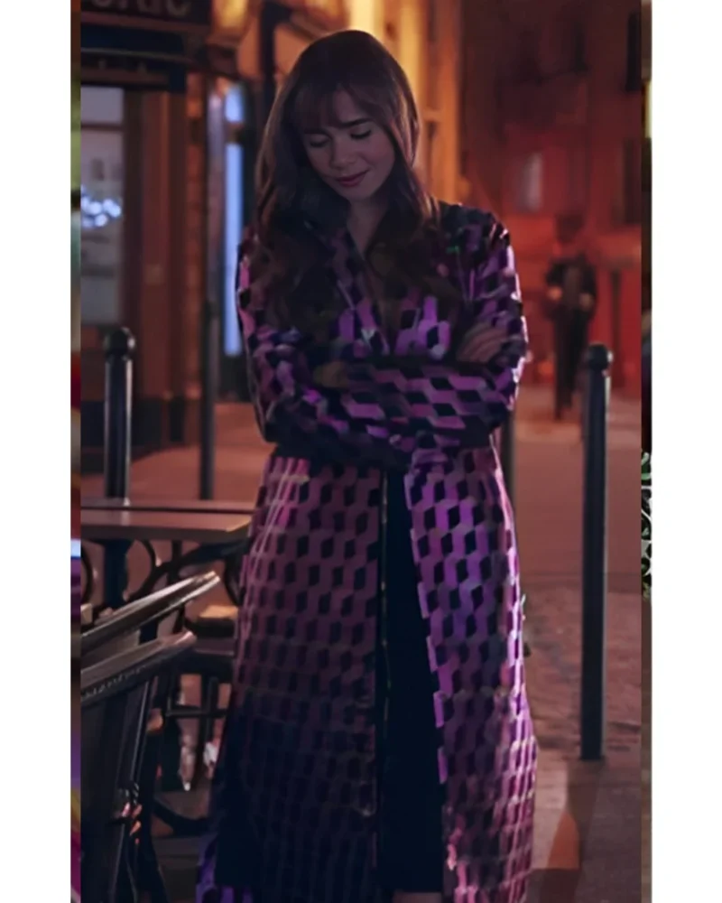 Emily In Paris S03 Lily Collins Pink Printed Coat On Sale webp