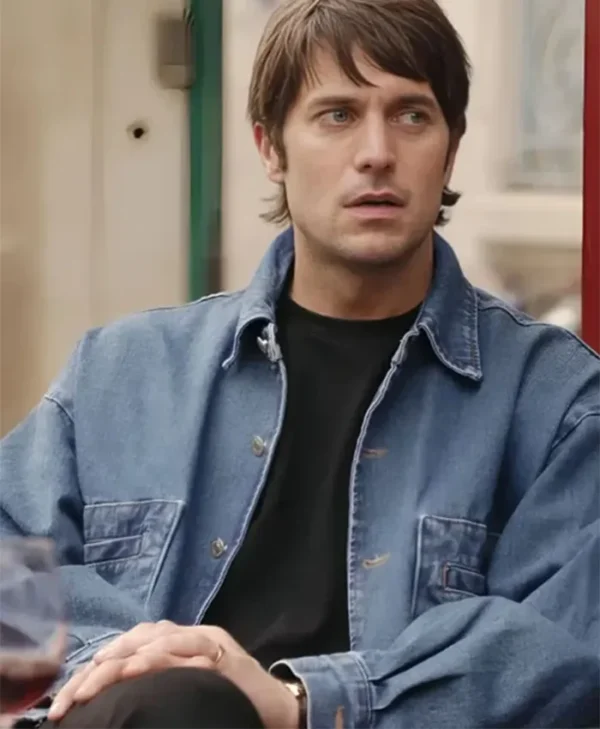 Emily in Paris S04 Lucas Bravo Blue Denim Jacket closeup webp