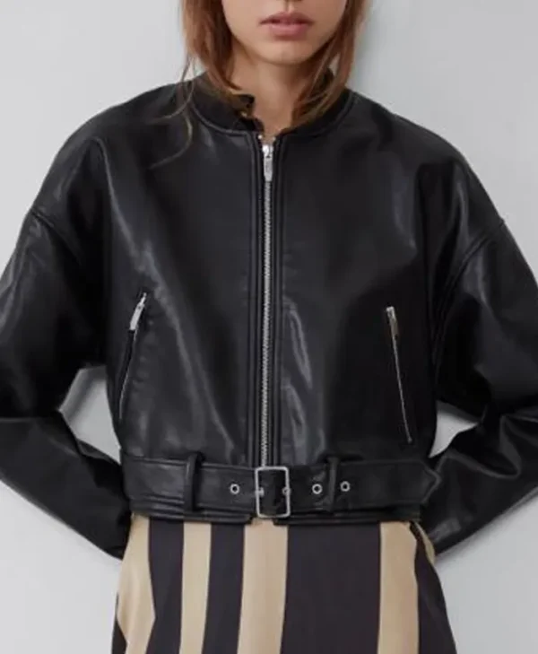 Faux Leather Bomber Jacket Womens webp