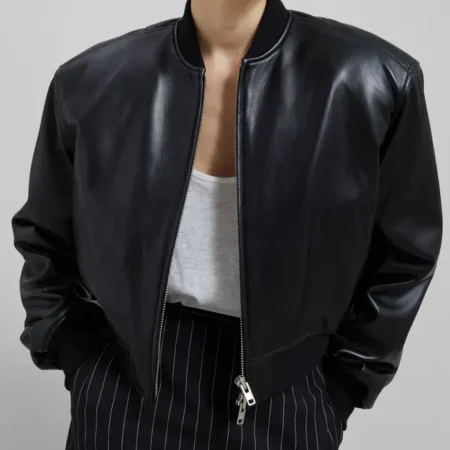 Faux Leather Cropped Bomber Jacket webp