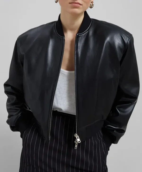Faux Leather Cropped Bomber Jacket webp