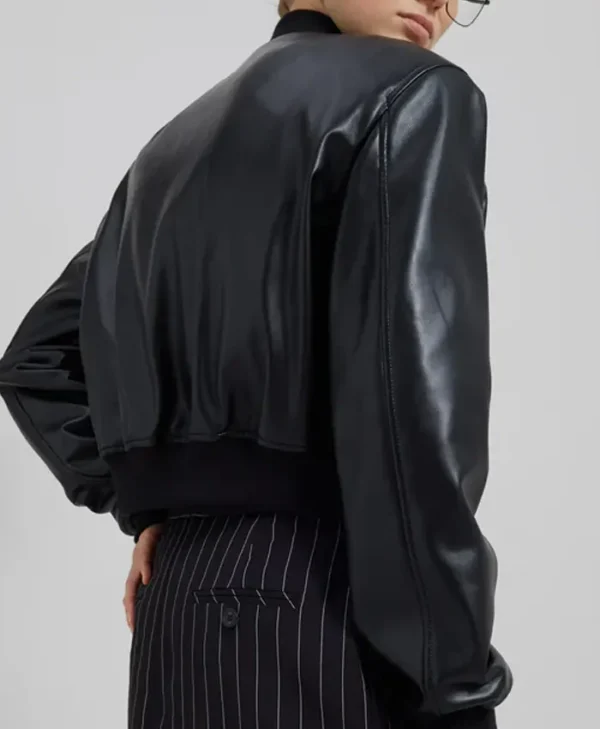 Faux Leather Cropped Bomber Jacket Back webp