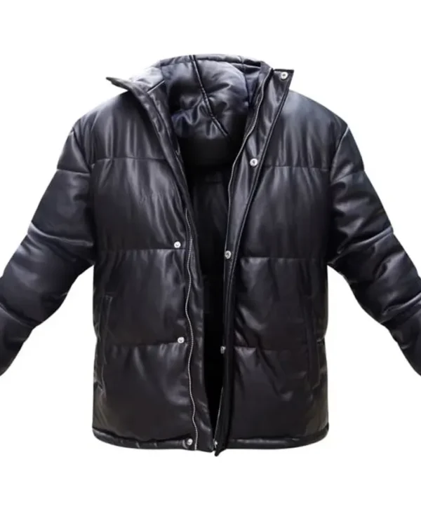 Faux Leather Puffer Jacket With Hood webp