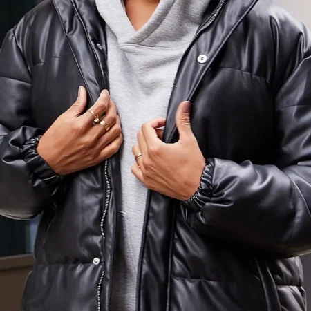 Faux Leather Puffer Jacket With Hood For Sale webp
