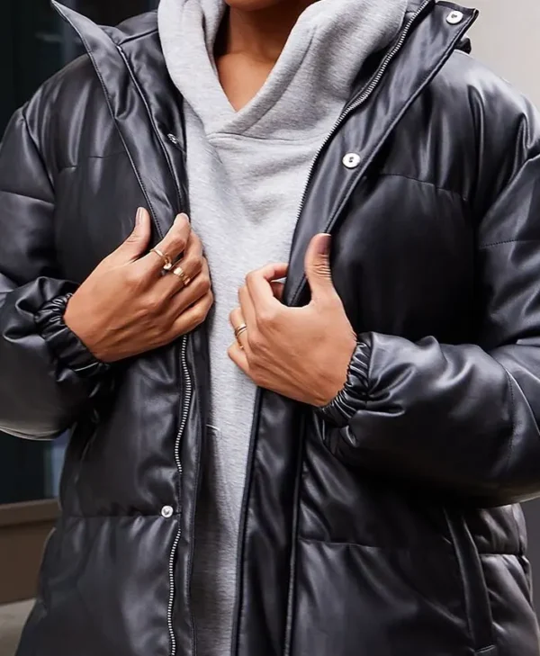 Faux Leather Puffer Jacket With Hood For Sale webp