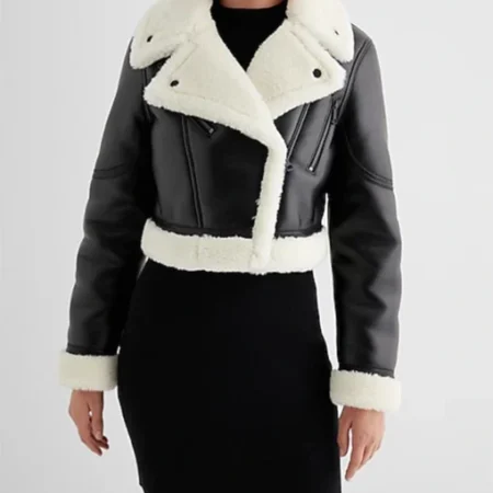 Faux Leather Sherpa Lined Cropped Moto Jacket