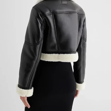 Faux Leather Sherpa Lined Cropped Moto Jacket Back