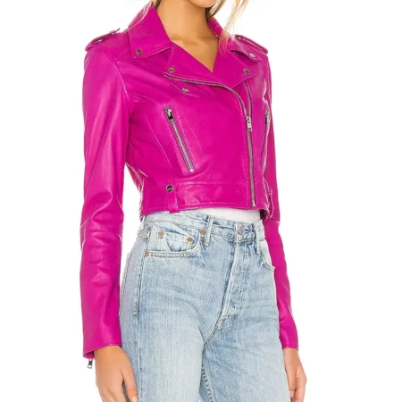 Fuchsia Leather Womens Classic Biker Jacket Left Side webp