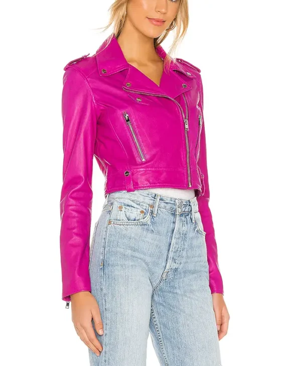 Fuchsia Leather Womens Classic Biker Jacket Left Side webp