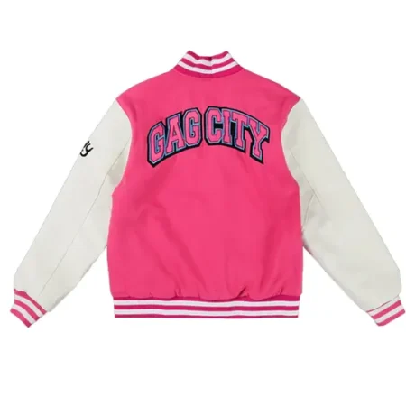 Gag City Pink and White Wool Varsity Jacket Back webp