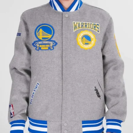 Golden State Warriors Crest Emblem Heather Grey Varsity Jacket webp