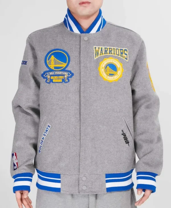 Golden State Warriors Crest Emblem Heather Grey Varsity Jacket webp