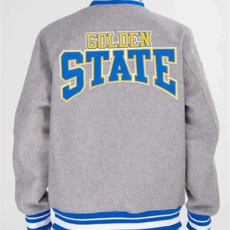 Golden State Warriors Crest Emblem Heather Grey Varsity Jacket Back webp