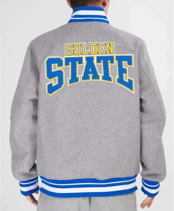Golden State Warriors Crest Emblem Heather Grey Varsity Jacket Back webp