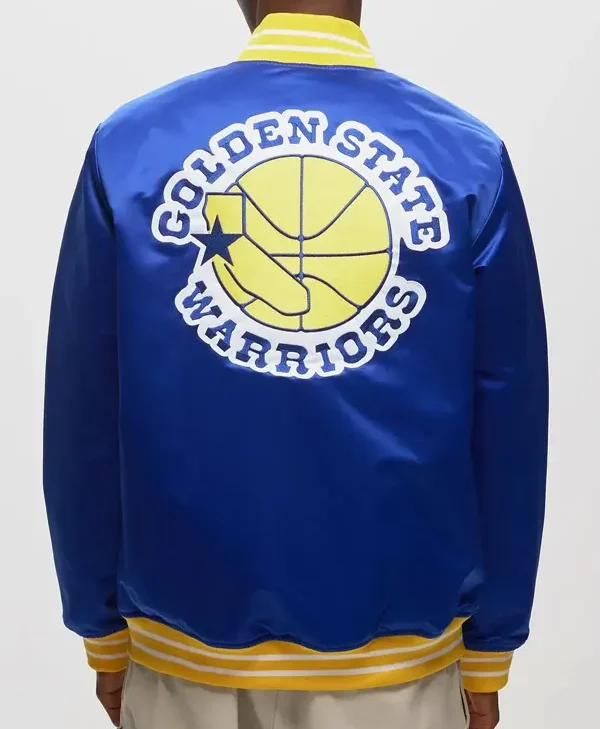 Golden State Warriors Heavyweight Blue Satin Jacket Back webp