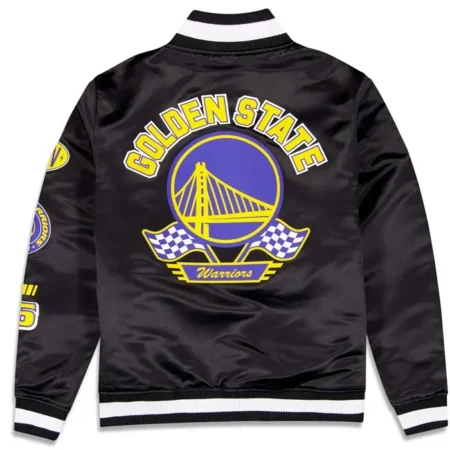 Golden State Warriors Rally Drive 2024 Satin Varsity Jacket Back webp