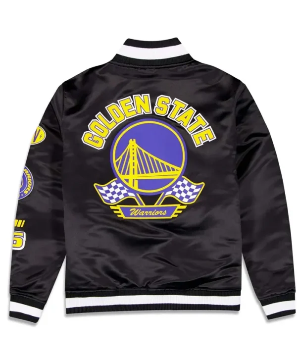 Golden State Warriors Rally Drive 2024 Satin Varsity Jacket Back webp