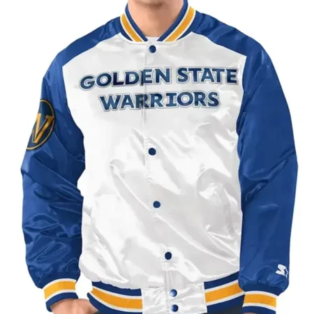 Golden State Warriors Renegade White Satin Varsity Jacket webp
