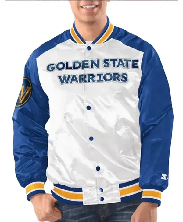 Golden State Warriors Renegade White Satin Varsity Jacket webp