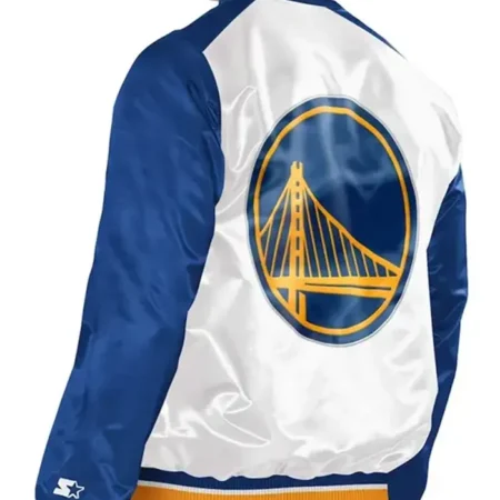 Golden State Warriors Renegade White Satin Varsity Jacket Back webp