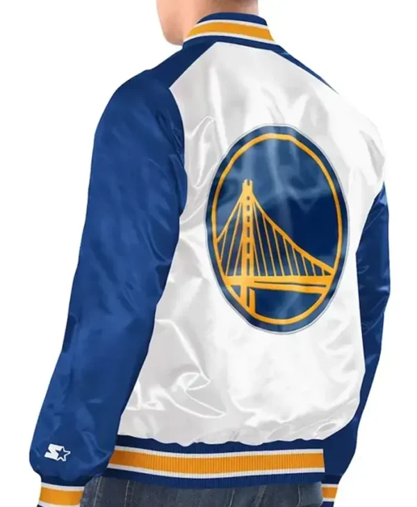 Golden State Warriors Renegade White Satin Varsity Jacket Back webp