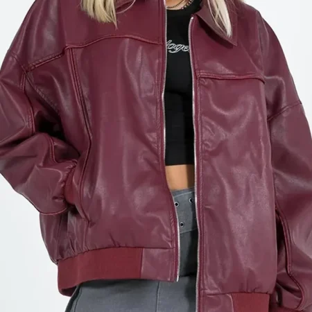 Goldsmith Faux Leather Bomber Jacket Burgundy webp
