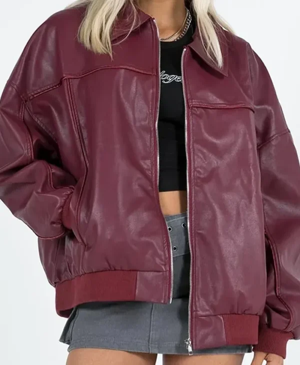 Goldsmith Faux Leather Bomber Jacket Burgundy webp