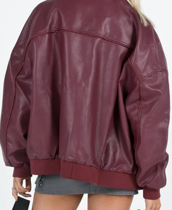 Goldsmith Faux Leather Bomber Jacket Burgundy Back webp
