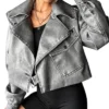 Grey Cropped Leather Jacket webp