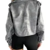 Grey Cropped Leather Jacket Back webp