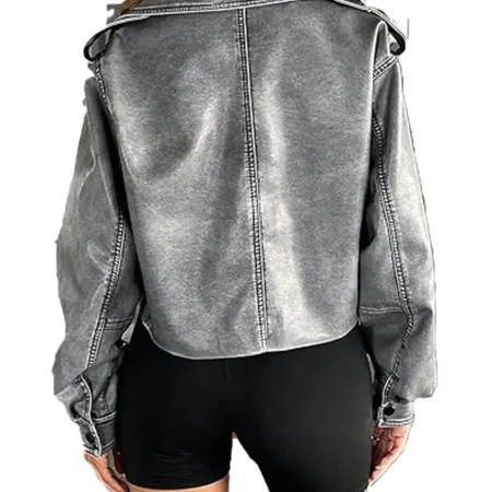 Grey Cropped Leather Jacket Back webp