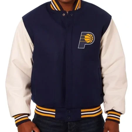 Indiana Pacers Navy Blue And White Varsity Jacket webp