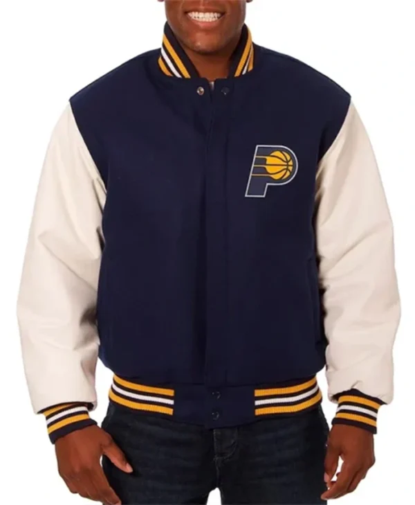 Indiana Pacers Navy Blue And White Varsity Jacket webp
