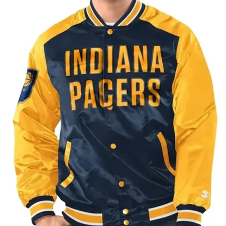 Indiana Pacers Renegade Navy Blue And Yellow Varsity Jacket webp