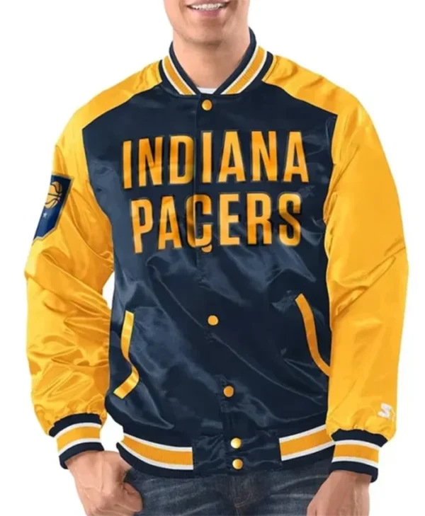 Indiana Pacers Renegade Navy Blue And Yellow Varsity Jacket webp