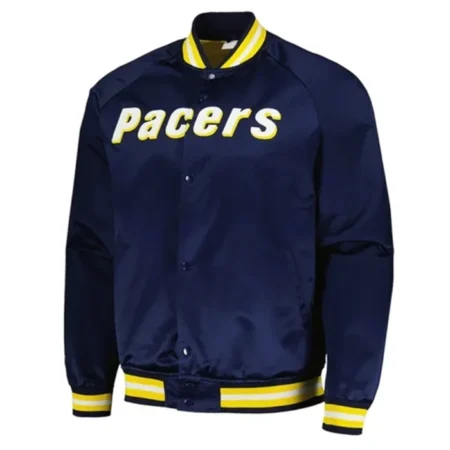 Indiana Pacers Throwback Wordmark Navy Blue Varsity Jacket webp