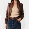 Jenna Brown Classic Collar Leather Jacket Front webp