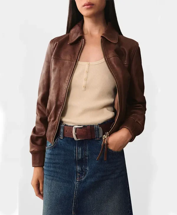 Jenna Brown Classic Collar Leather Jacket Front webp