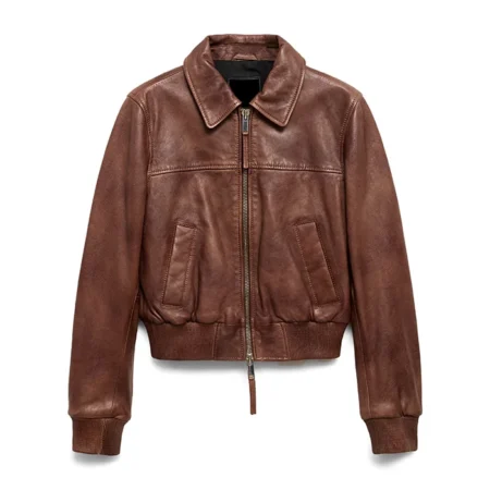 Jenna Brown Classic Collar Leather Jacket Main webp