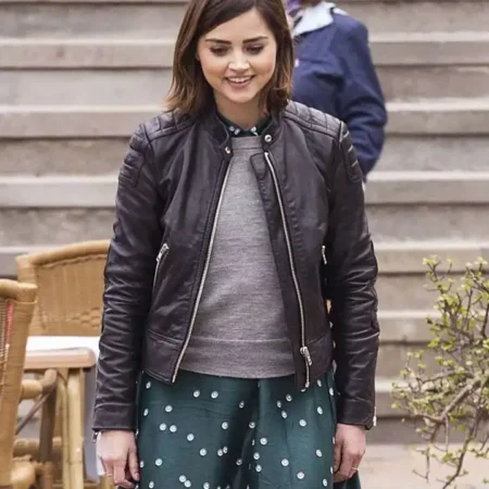 Jenna Coleman Doctor Who Clara Oswald Leather Black Jacket webp