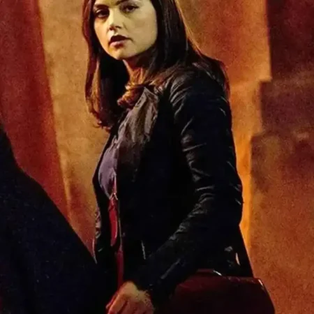Jenna Louise Coleman Doctor Who Season 7 Episode 8 Clara Oswald Black Faux Leather Jacket For Sale webp
