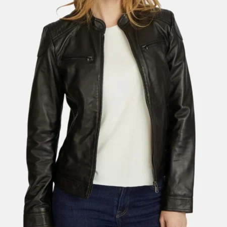 Jennifer Womens Black Leather Jacket Front webp