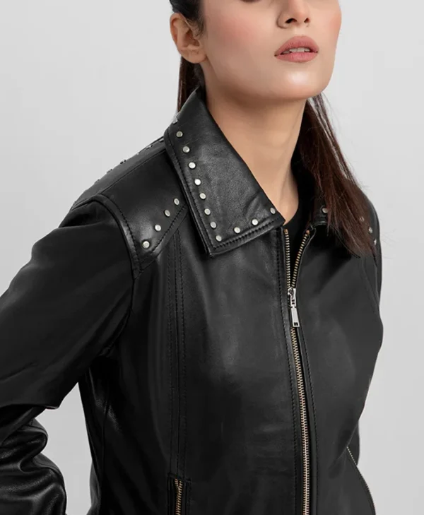 Jennifer Womens Black Motorcycle Jacket Collar webp