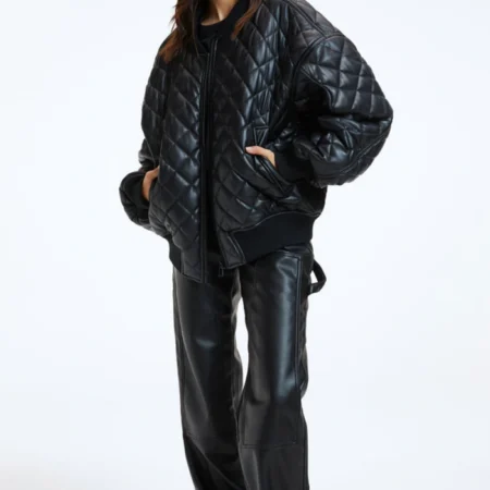 Julia Quilted Bomber Leather Jacket Stand Up webp