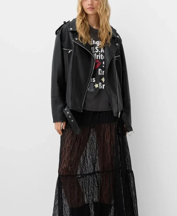 Kate Women Black Moto Leather Jacket Stand Up webp