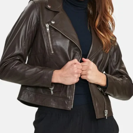 Kelly Style Womens Brown Leather Biker Jacket Close webp
