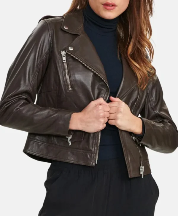 Kelly Style Womens Brown Leather Biker Jacket Close webp