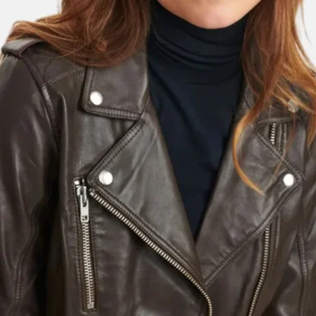 Kelly Style Womens Brown Leather Biker Jacket Collar webp