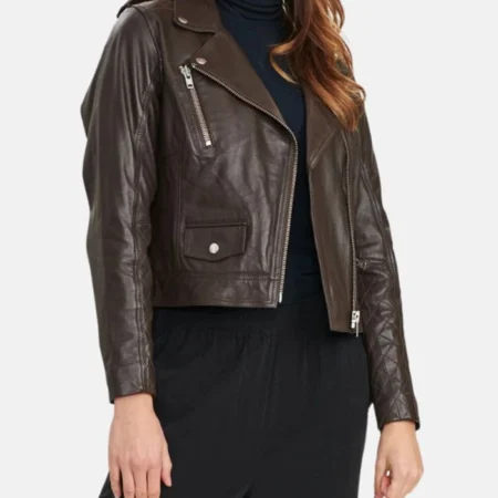 Kelly Style Womens Brown Leather Biker Jacket Main webp