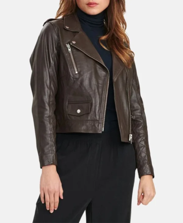 Kelly Style Womens Brown Leather Biker Jacket Main webp